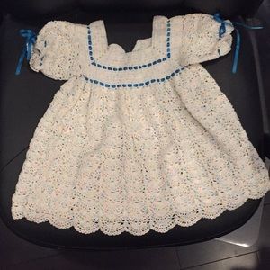 Crochet handmade baby dress w/ bonnet and booties.